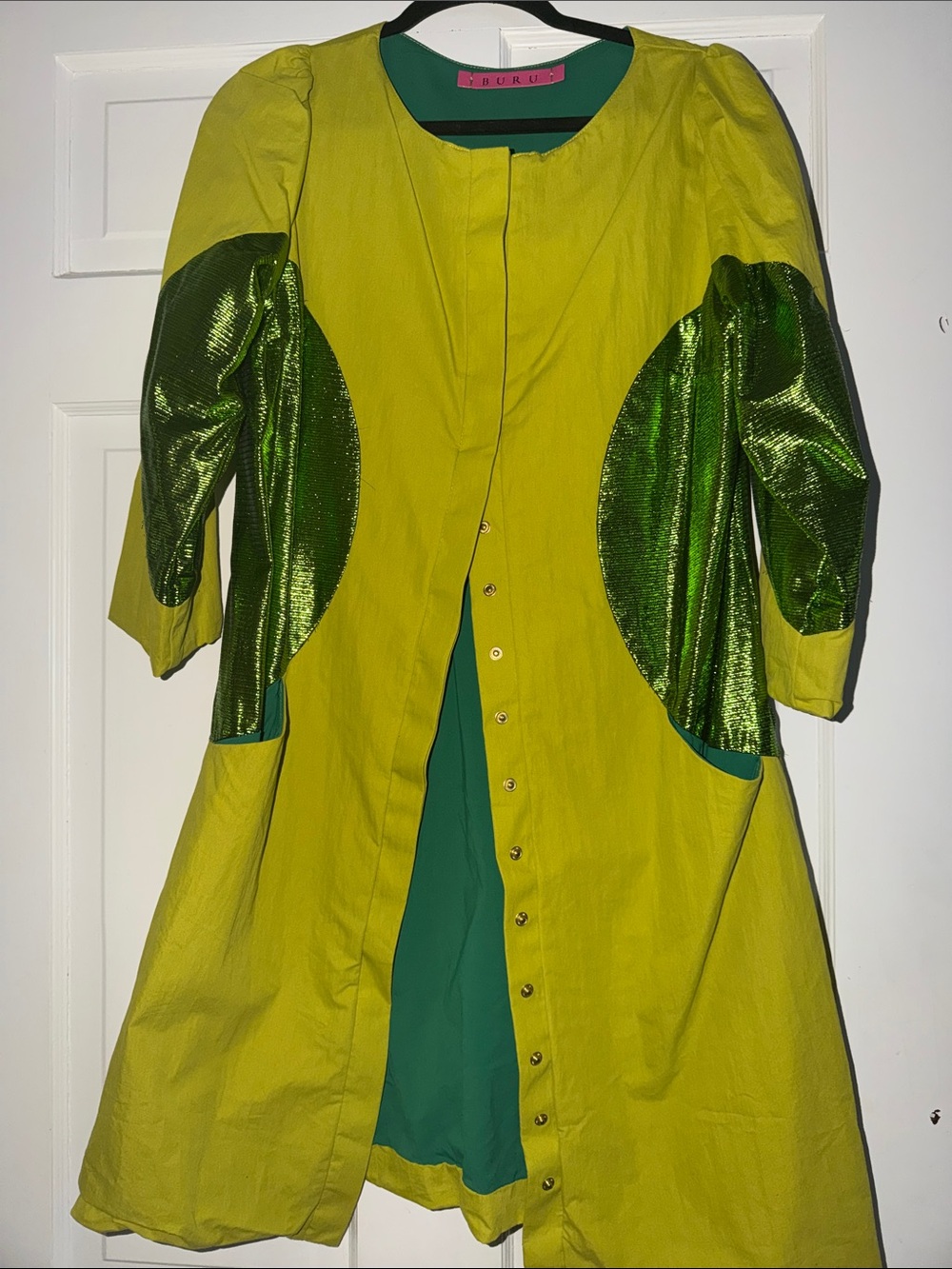 Vibrant Chartreuse Trench Coat with Green Accents